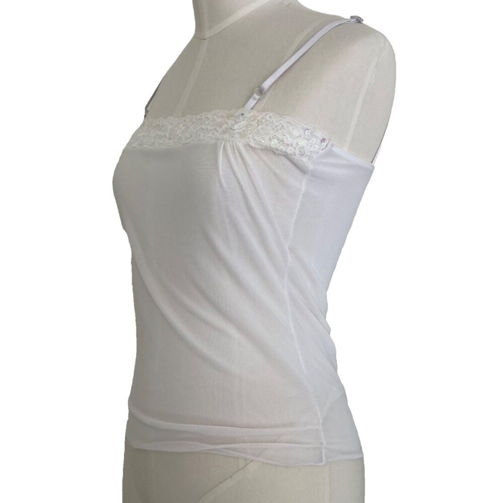 BE MINE Camisole Y2K Mesh Tank Top White Sequins Deadstock NWOT Lace Sz Medium